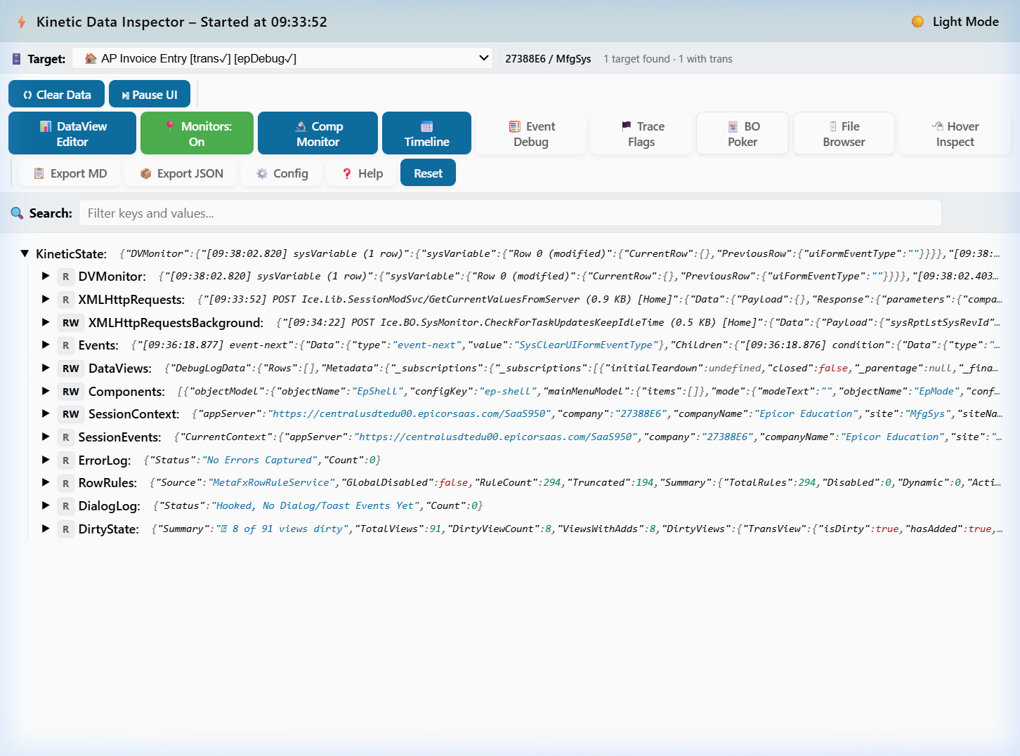 Kinetic Data Inspector Main Interface